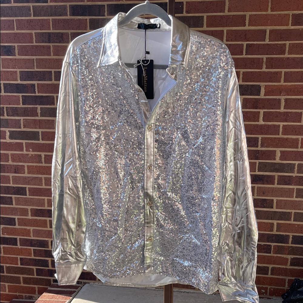 Silver Sequin Button-Up Shirt